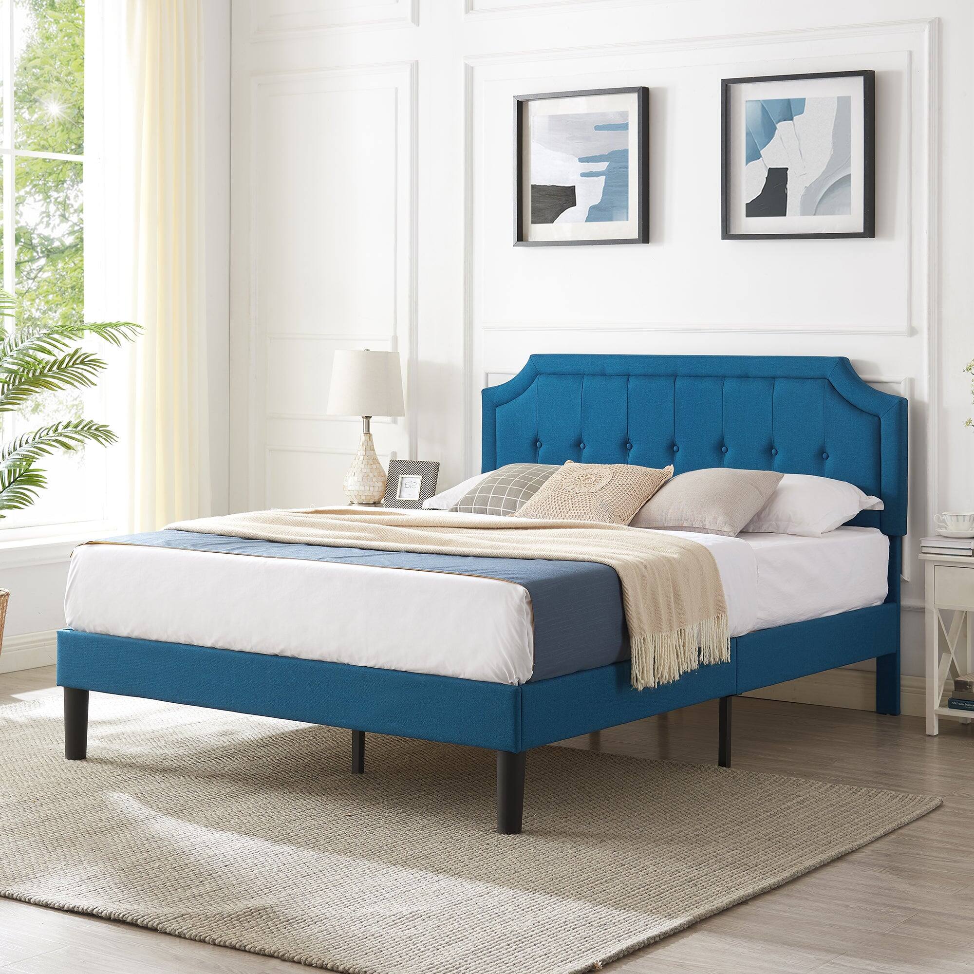 Alt View 2. Vecelo - Linen Upholstered Queen Size Bed Frame with Adjustable Headboard - Noise Free Platform Bed, 8" Under Bed Storage - Blue.