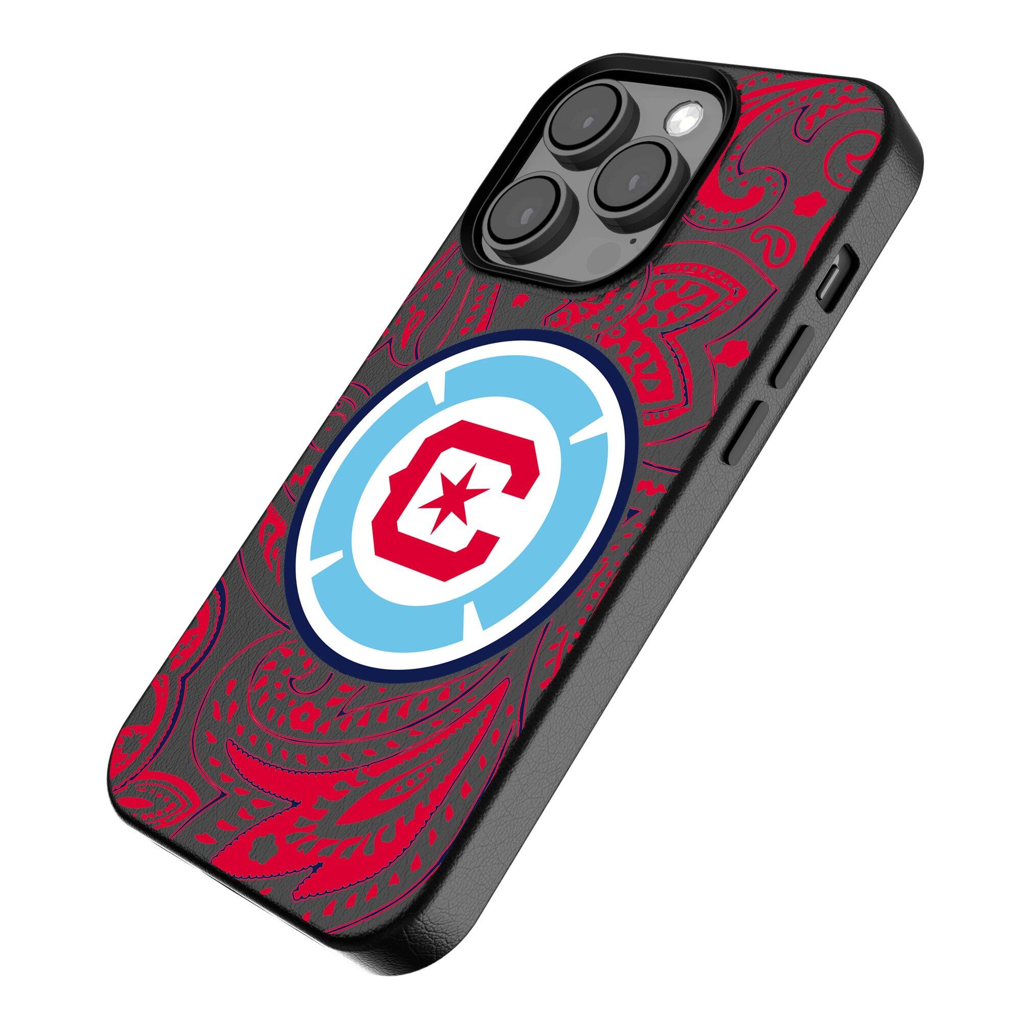 Alt View 1. Keyscaper - Black Chicago Fire iPhone Magnetic Bump Case - 15 Plus - Black.