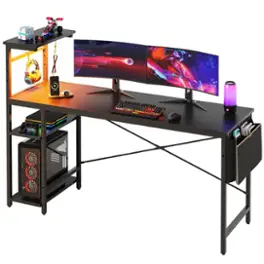 Bestier 61inch Gaming Desk Computer Desk with LED Lights Storage Shelves - Black