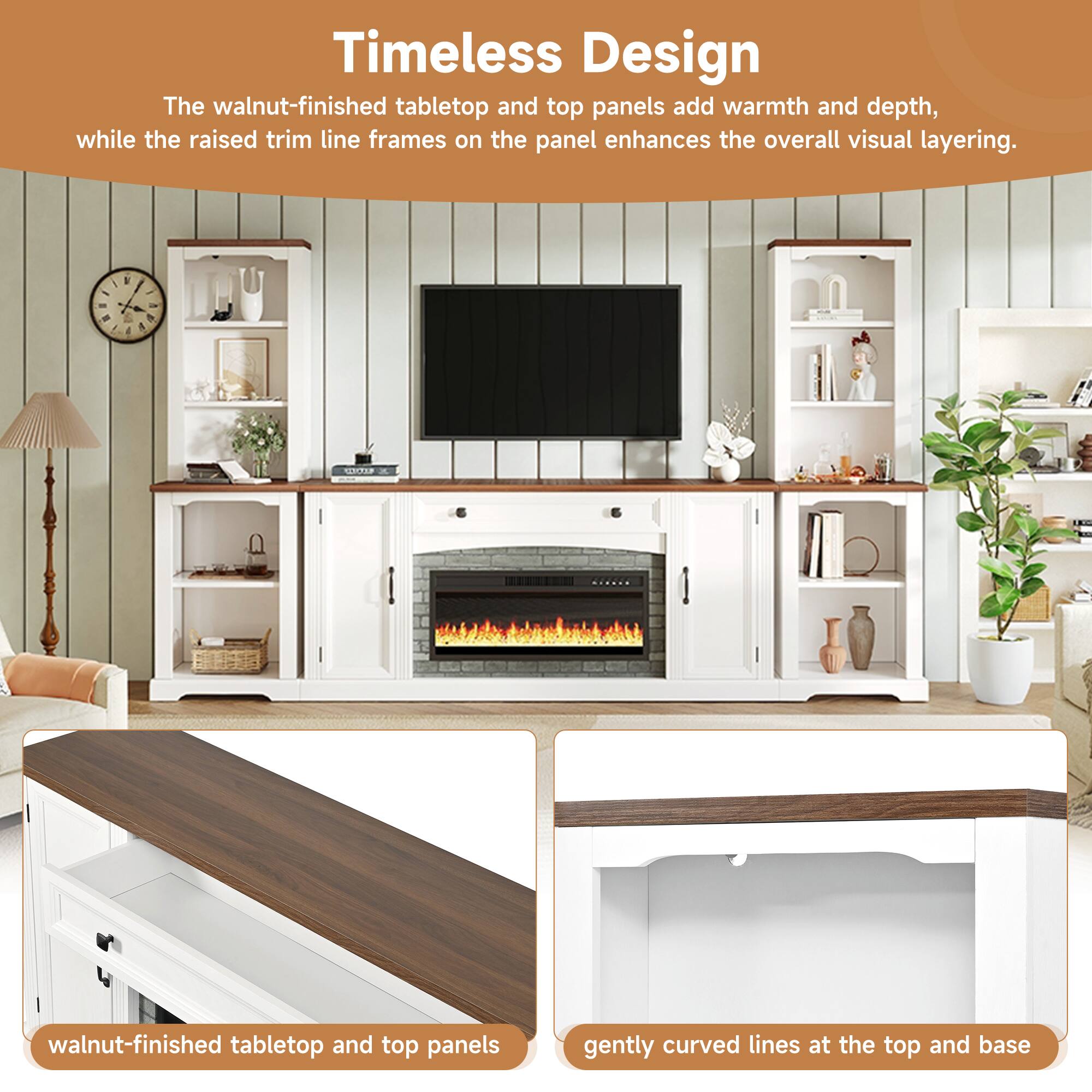 Timeless Design

The walnut-finished tabletop and top panels add warmth and depth, while the raised trim line frames on the panel enhance the overall visual layering.

1. Walnut-finished tabletop and top panels
2. Gently curved lines at the top and base
