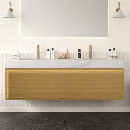 Front. APRILSOUL - NYAH 60 inch Floating Vanity Slim Cabinet Drawers Sensor Light 2 Basins - Carrara White,Light Oak.