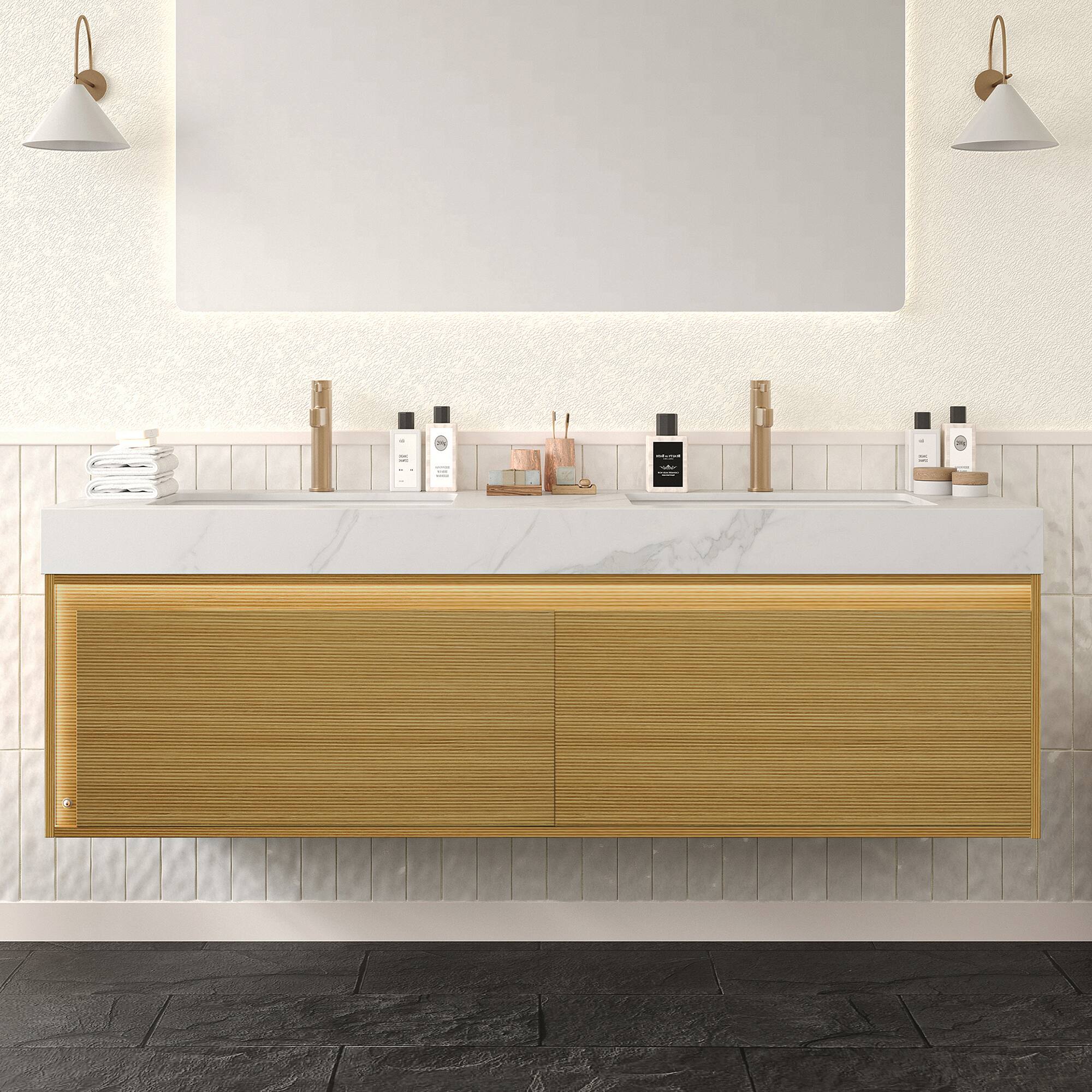 Front. APRILSOUL - NYAH 60 inch Floating Vanity Slim Cabinet Drawers Sensor Light 2 Basins - Carrara White,Light Oak.