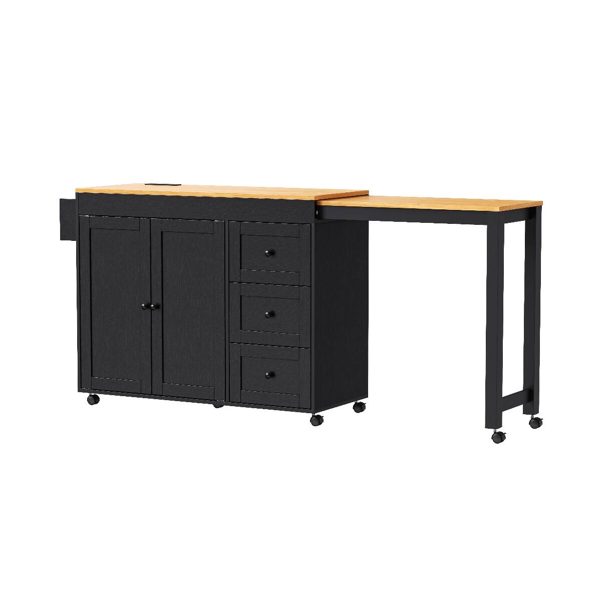 Back. Loheer - Loheer Black Kitchen Island with Extendable Dining Table, Rolling Kitchen Cart with Power Outlet, 74.8" MDF - Black.