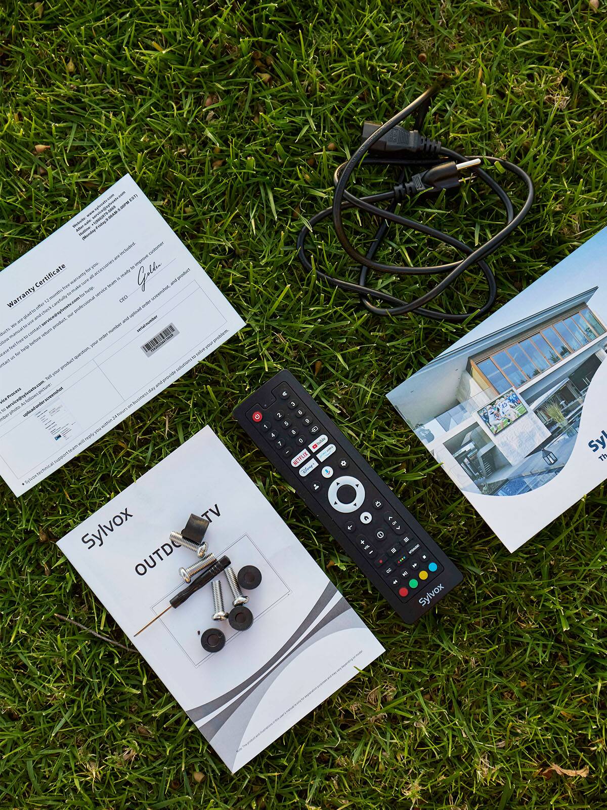 - Sylvox OUTDOOR TV
- Warranty Certificate
- Sylvox
- Technical Support: 1-800-888-8888
- www.sylvox.com
- 11 months warranty
- Improve your TV experience with Sylvox
- Professional installation and service
- Warranty registration
- Product number: [Barcode]
- Terms and conditions
- Sylvox
- Netflix
- Sylix