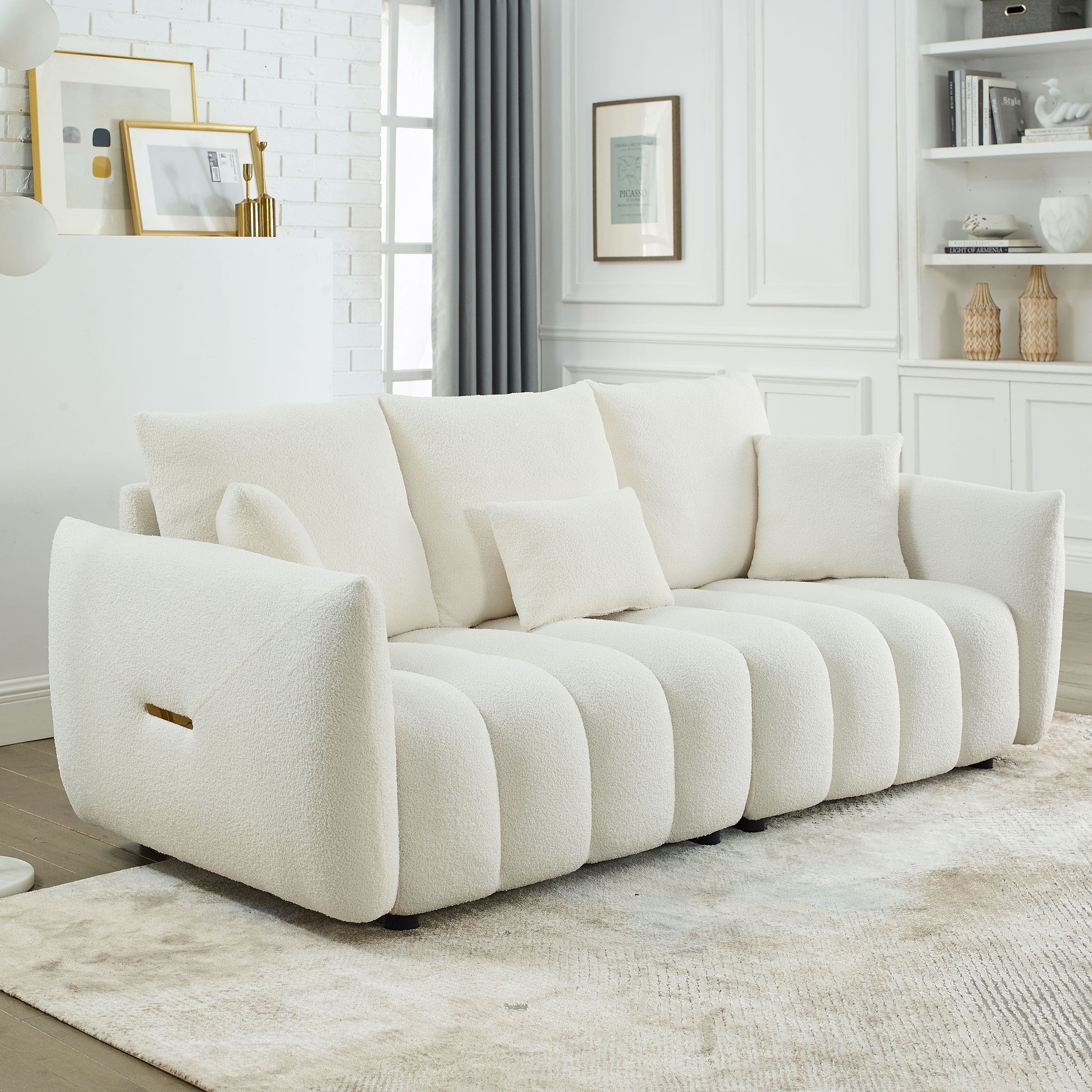 Meqiodas - 79.5" Premium Teddy fabric Sofa with 3 Back Pillows and 3 back Cushions Solid Wood Frame 3-Seater Sofa - White