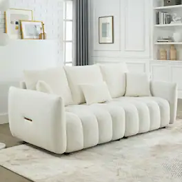Meqiodas - 79.5" Premium Teddy fabric Sofa with 3 Back Pillows and 3 back Cushions Solid Wood Frame 3-Seater Sofa - White