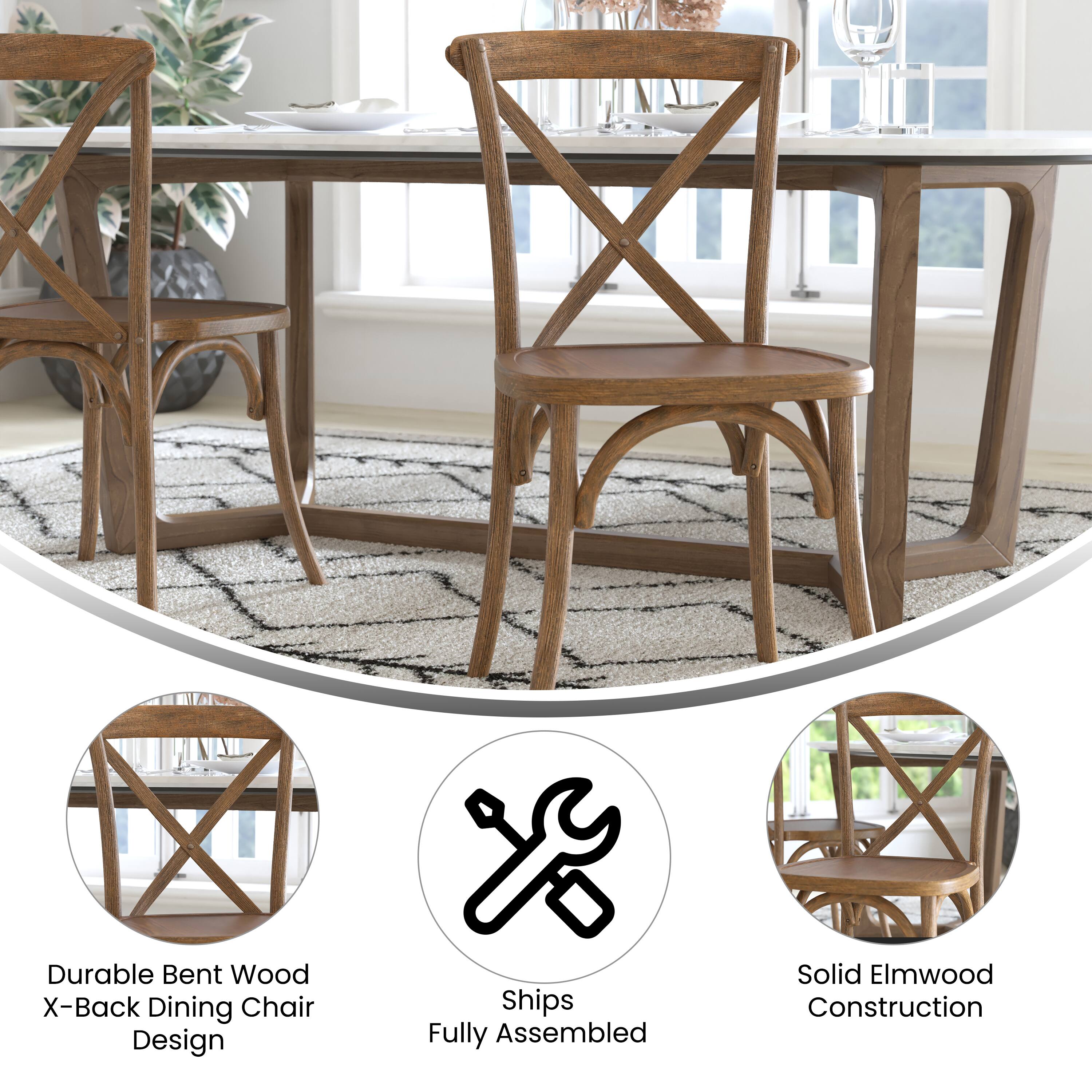 Durable Bent Wood X-Back Dining Chair Design  
Ships Fully Assembled  
Solid Elmwood Construction