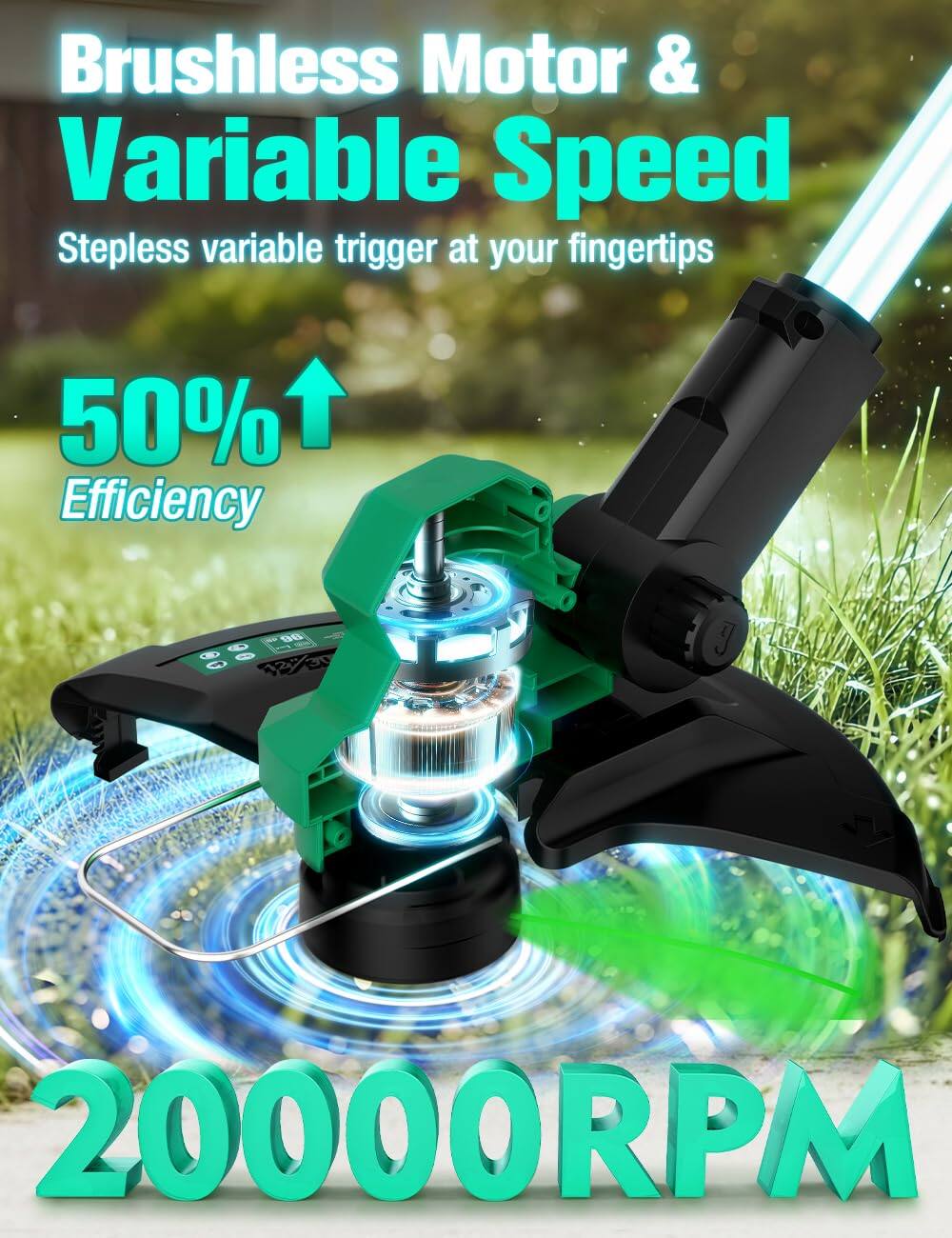 Brushless Motor & Variable Speed  
Stepless variable trigger at your fingertips  

50% Efficiency  

20000 RPM