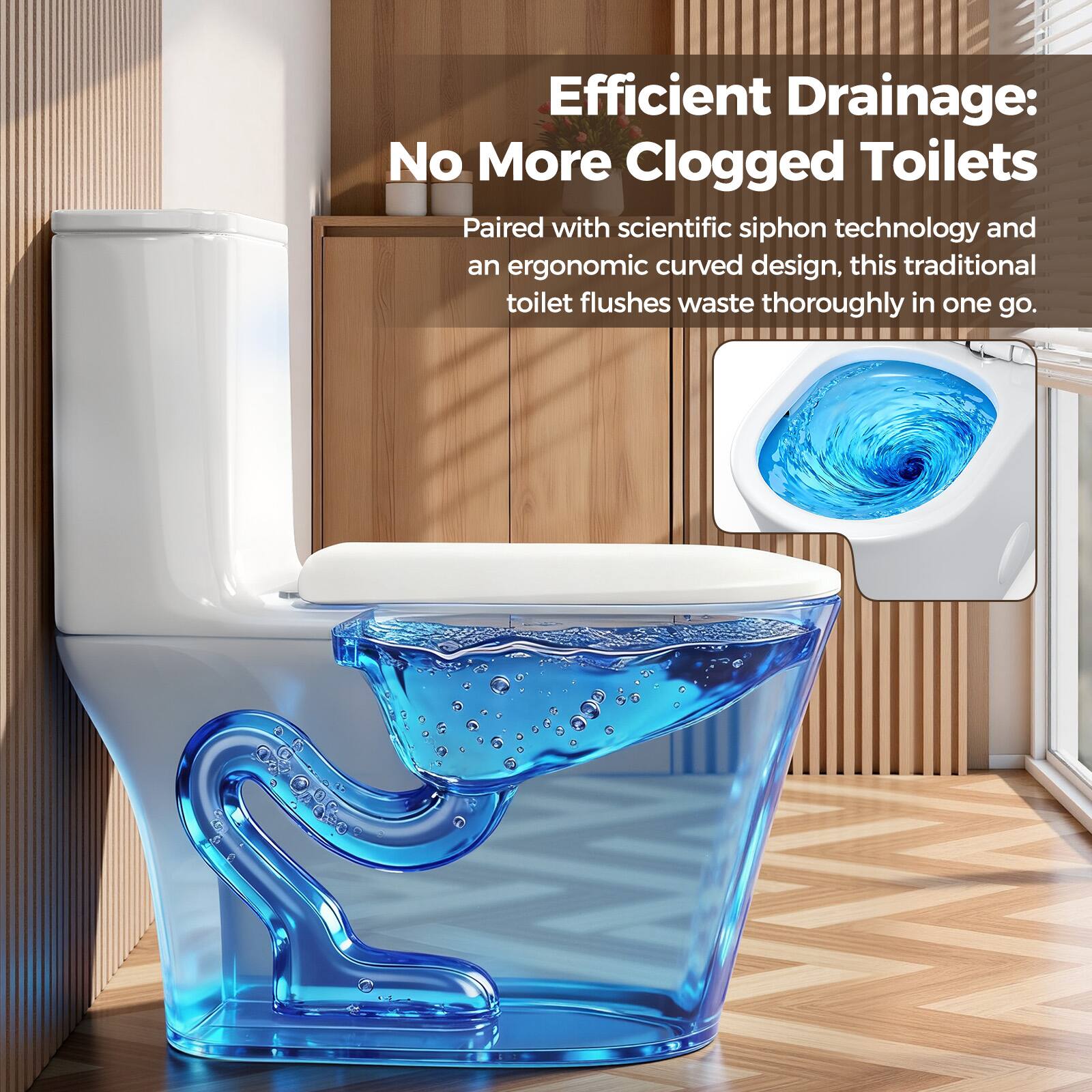 Efficient Drainage: No More Clogged Toilets

Paired with scientific siphon technology and an ergonomic curved design, this traditional toilet flushes waste thoroughly in one go.