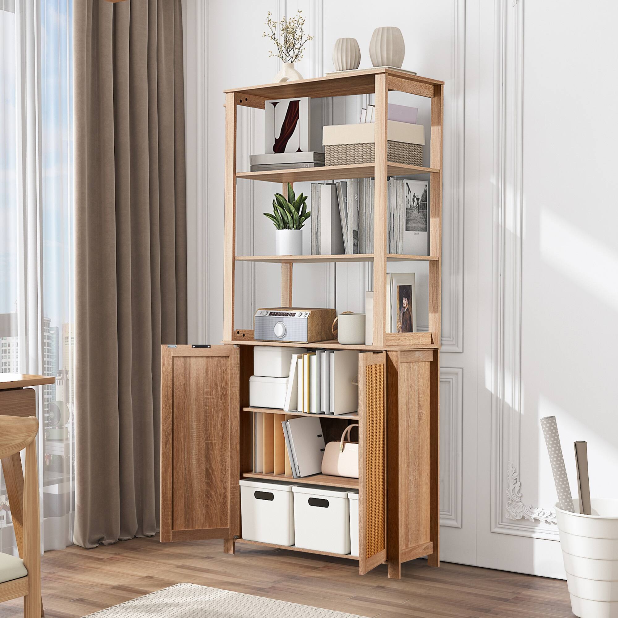 Alt View 3. U-HOMY - U-HOMY Rattan Bookcase with Cabinet – Farmhouse Storage Shelf, Durable MDF, 3-Tier Bookshelf for Living Room - Beige.