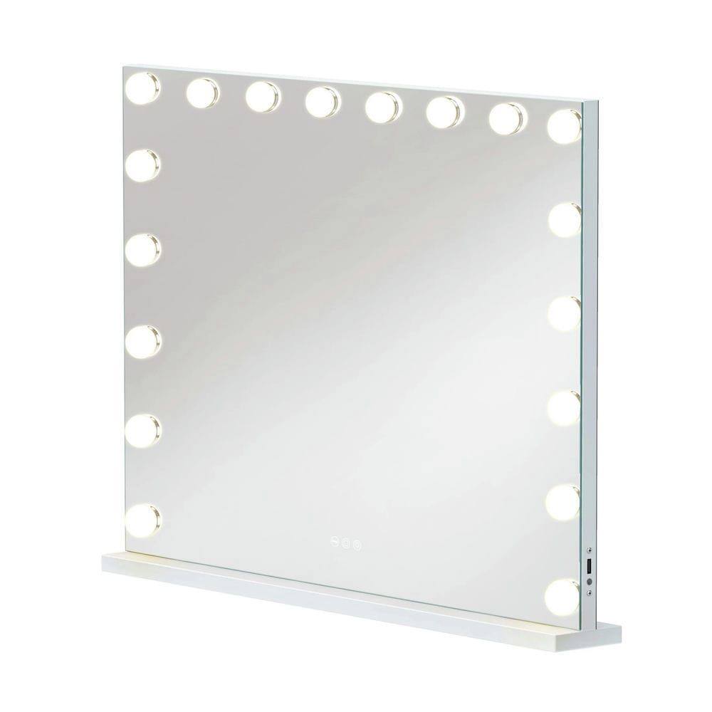 Angle. Kadyn - 31.5"x22.8" Lighted Vanity Mirror with 18 Dimmable LED Bulbs, 3 Color Modes & USB Port, Table/Wall Mount, White+Silver.