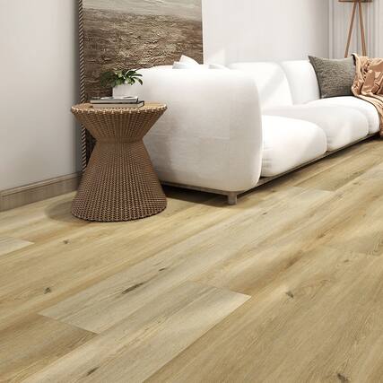 Front. Dotfloor - 62.6"x9" SPC Composite Flooring; 5 Planks/Box (19.56 sq. ft/Box); 8mm Thick with ; 30 mil Wear Layer; - Sand Tan.