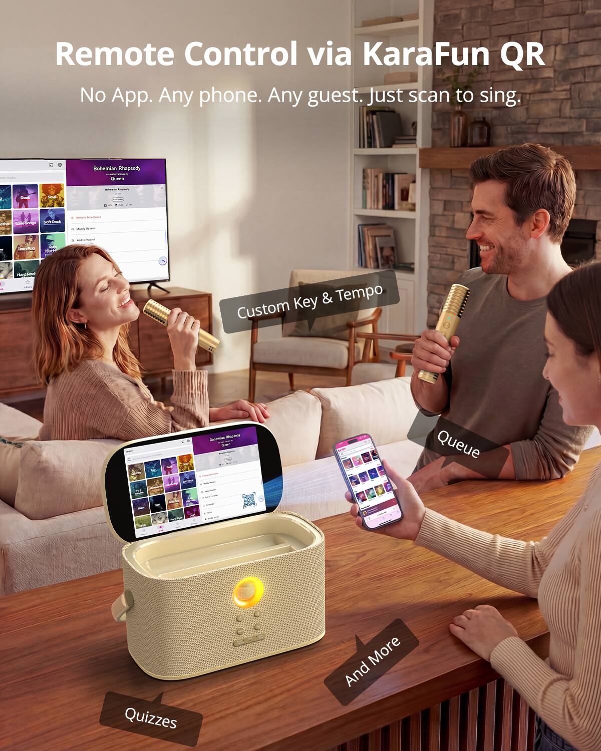 Remote Control via KaraFun QR  
No App. Any phone. Any guest. Just scan to sing.  

Bohemian Rhapsody  
Queen  

Custom Key & Tempo  
Queue  
Quizzes  
And More