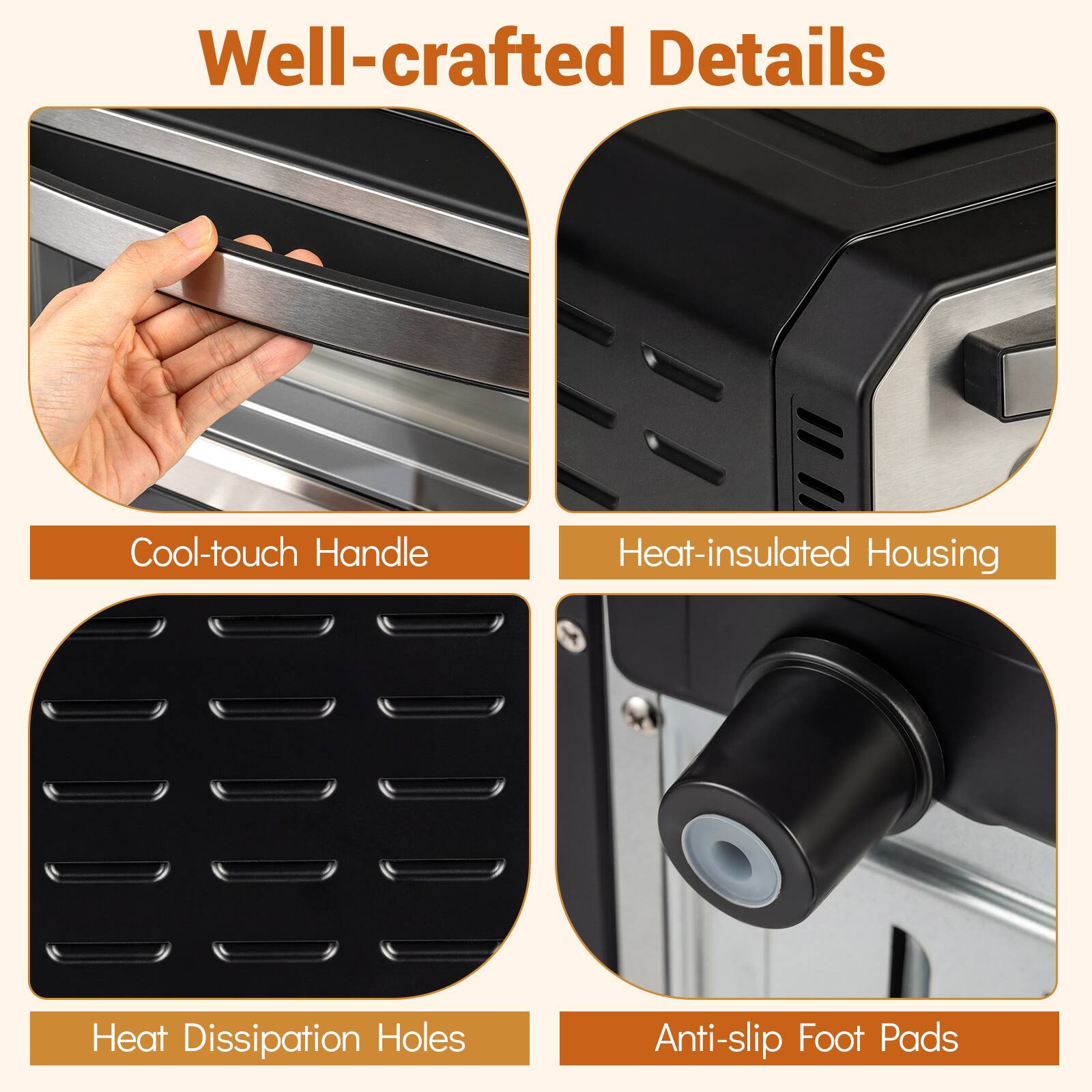 Well-crafted Details

- Cool-touch Handle
- Heat-insulated Housing
- Heat Dissipation Holes
- Anti-slip Foot Pads