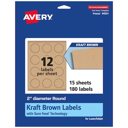 Go to avery.com/templates
Use Avery Template Presta 94501
KRAFT BROWN
12 labels per sheet
15 sheets 180 labels
2" diameter Round Kraft Brown Labels with Sure Feed Technology for Laser/Inkjet