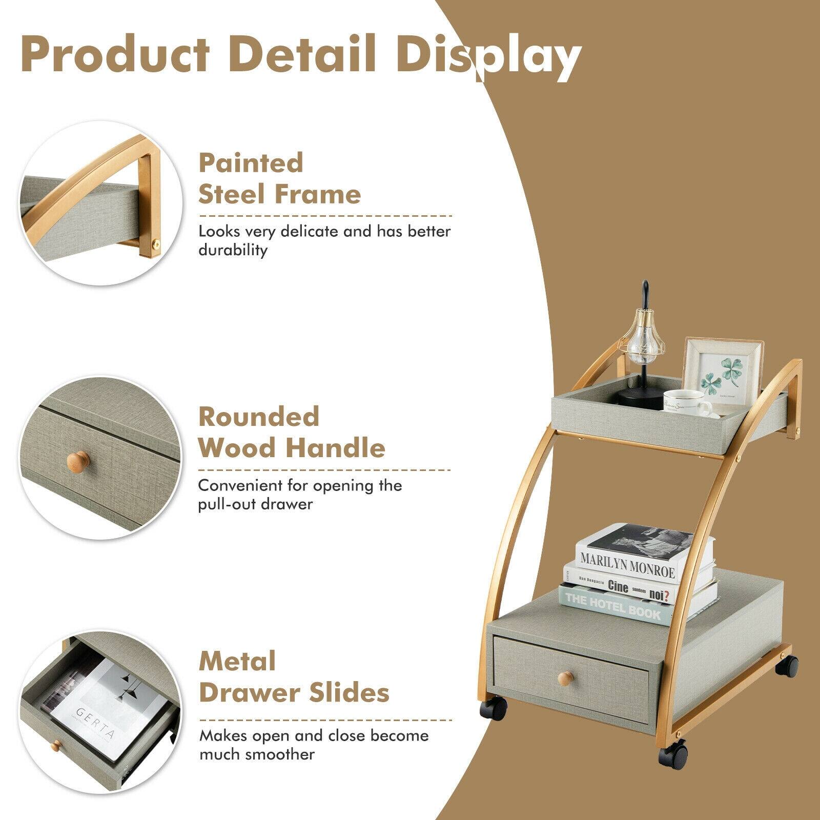 Product Detail Display

Painted Steel Frame
Looks very delicate and has better durability

Rounded Wood Handle
Convenient for opening the pull-out drawer

Metal Drawer Slides
Makes open and close become much smoother