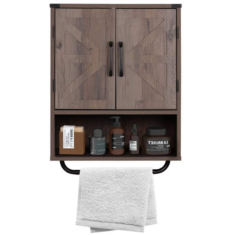 SlickBlue - Bathroom Wall Cabinet Farmhouse Style with Towel Bar, Wood Finish - Taupe Grey