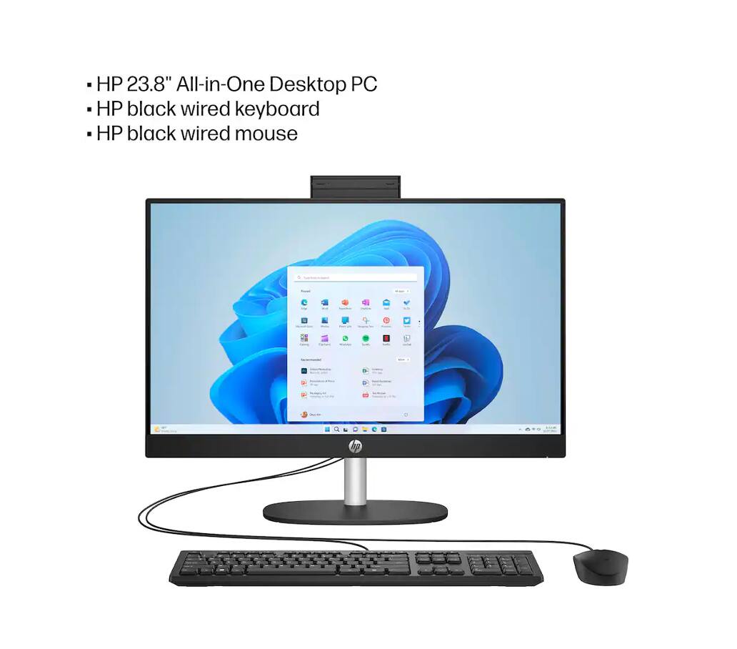 - HP 23.8" All-in-One Desktop PC
- HP black wired keyboard
- HP black wired mouse