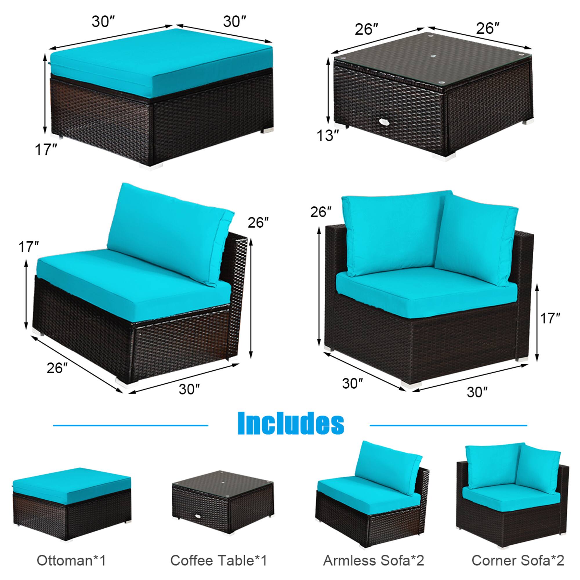 30" 30" 26" 26" 17" 13" 26" 26" 17" 17" 26" 30" 30" Includes Ottoman*1 Coffee Table*1 Armless Sofa*2 Corner Sofa*2