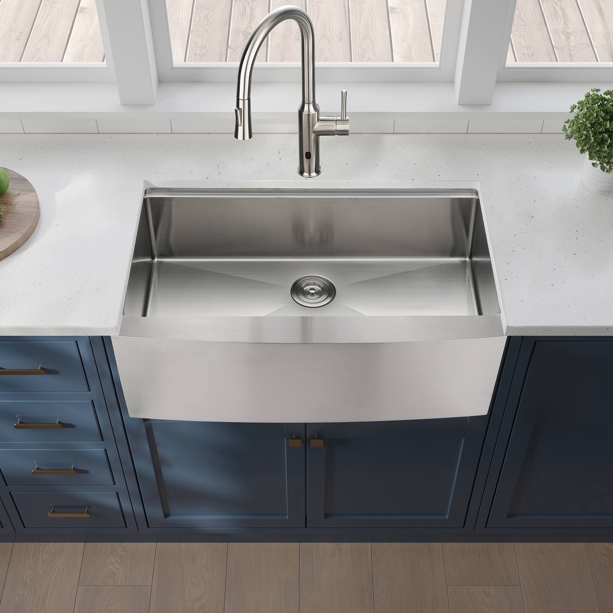 Angle. Siljoy - 36x22x10"Farmhouse Apron Single Bowl Stainless Steel Kitchen Sink with Workstation - Brushed Nickel.
