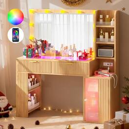 DIYSET - 47" Fluted Makeup Vanity, 37" Mirror with RGB & Hollywood Lights, 2 Lighted Drawers, 5 Shelves, Charging Station - Oka Wood
