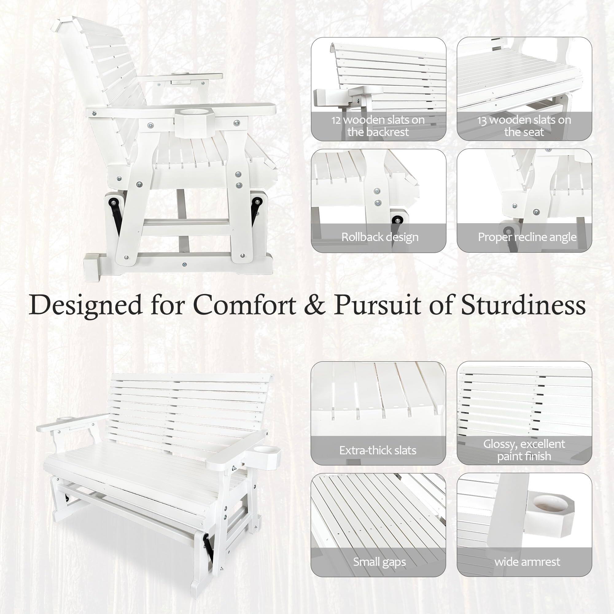 12 wooden slats on the backrest  
13 wooden slats on the seat  
Rollback design  
Proper recline angle  
Extra-thick slats  
Glossy, excellent paint finish  
Small gaps  
Wide armrest  

Designed for Comfort & Pursuit of Sturdiness