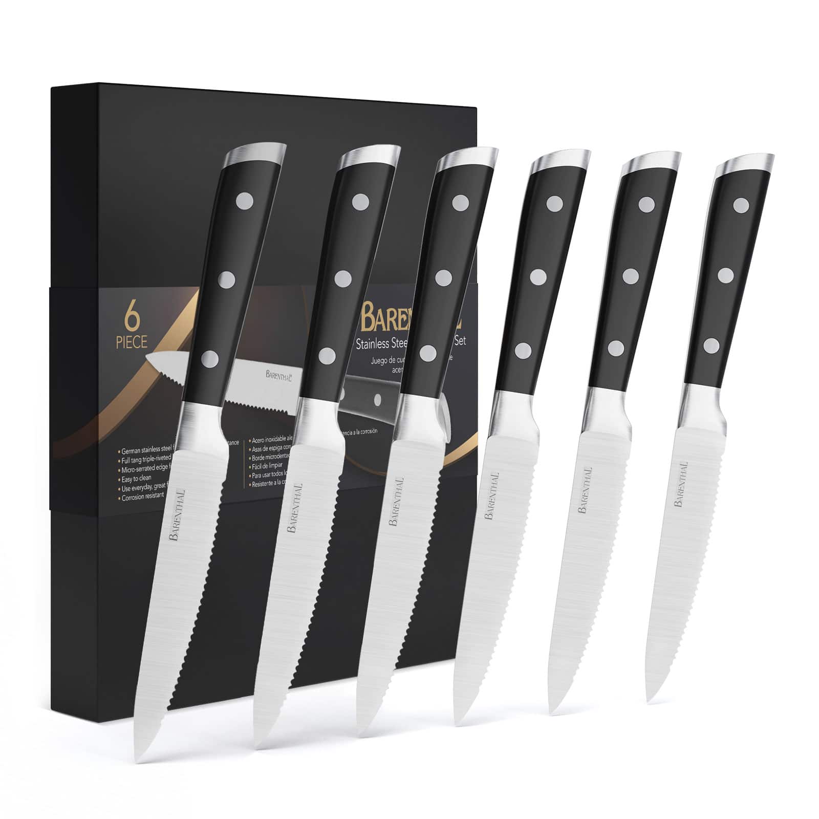 Hansmart - Barenthal 6pc Steak Knives Set Ergonomic Design Dishwasher Safe Rust Resistant Mirror Finish Elegant Dining Experience - Black handle, silver blade.