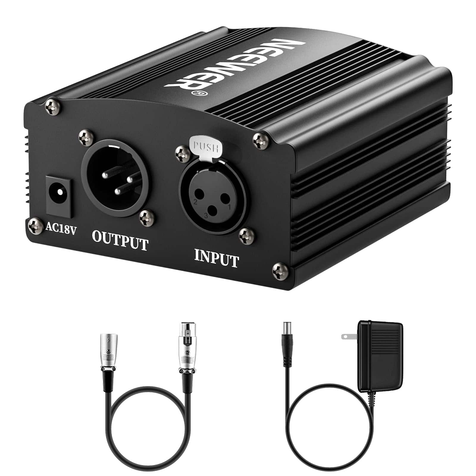 Neewer - 1-Channel 48V Phantom Power Supply - with XLR Cable for Condenser Microphones & Recording - Black