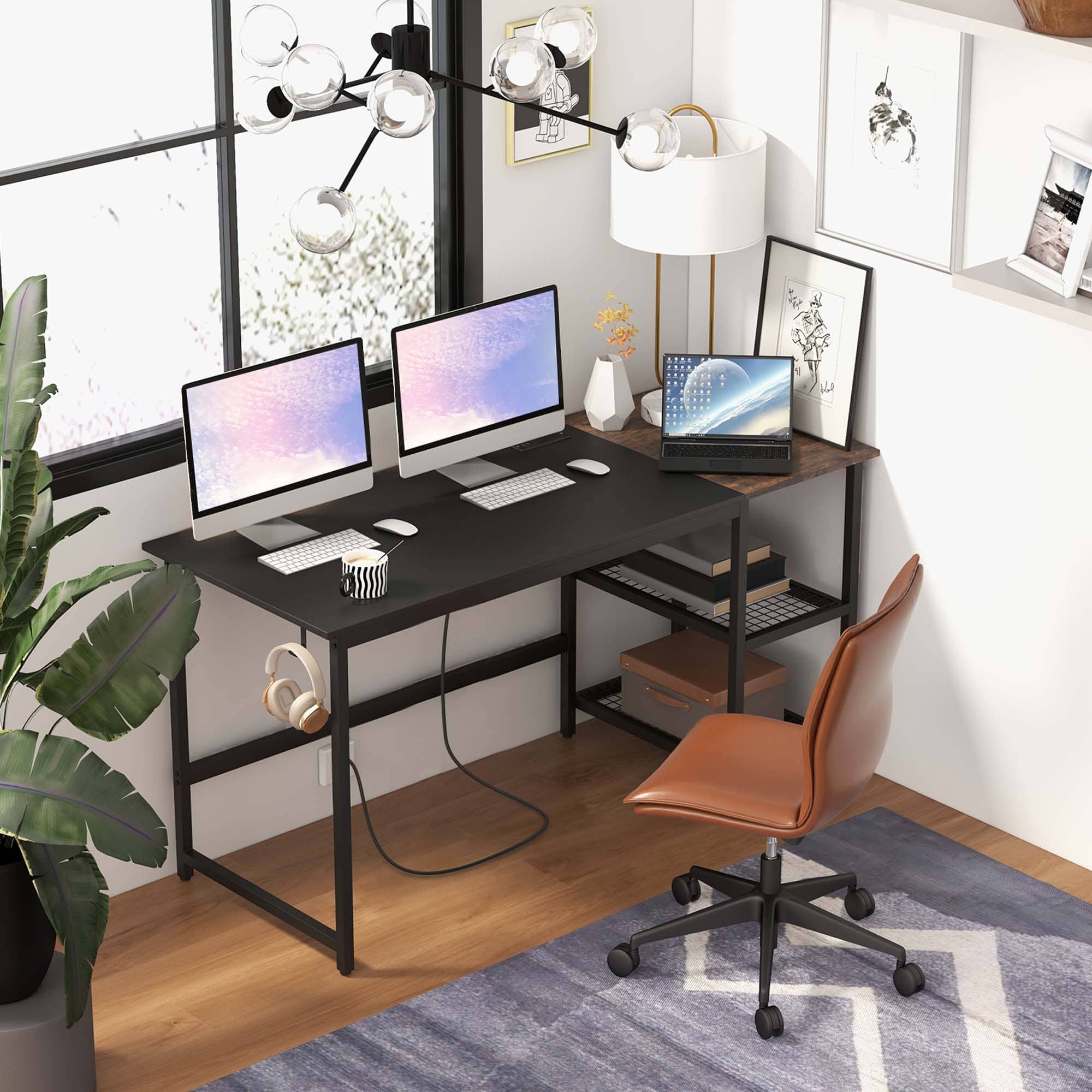 Alt View 12. Costway - Computer Desk with Charging Station and Storage Shelves - 59" Wide - Black.