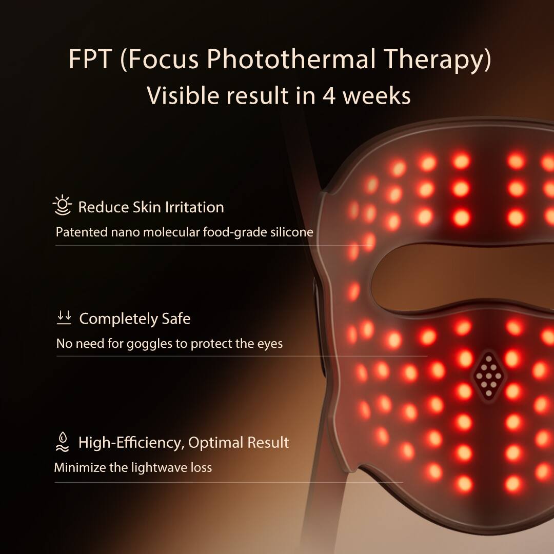 FPT (Focus Photothermal Therapy)  
Visible result in 4 weeks

- Reduce Skin Irritation  
  Patented nano molecular food-grade silicone

- Completely Safe  
  No need for goggles to protect the eyes

- High-Efficiency, Optimal Result  
  Minimize the lightwave loss