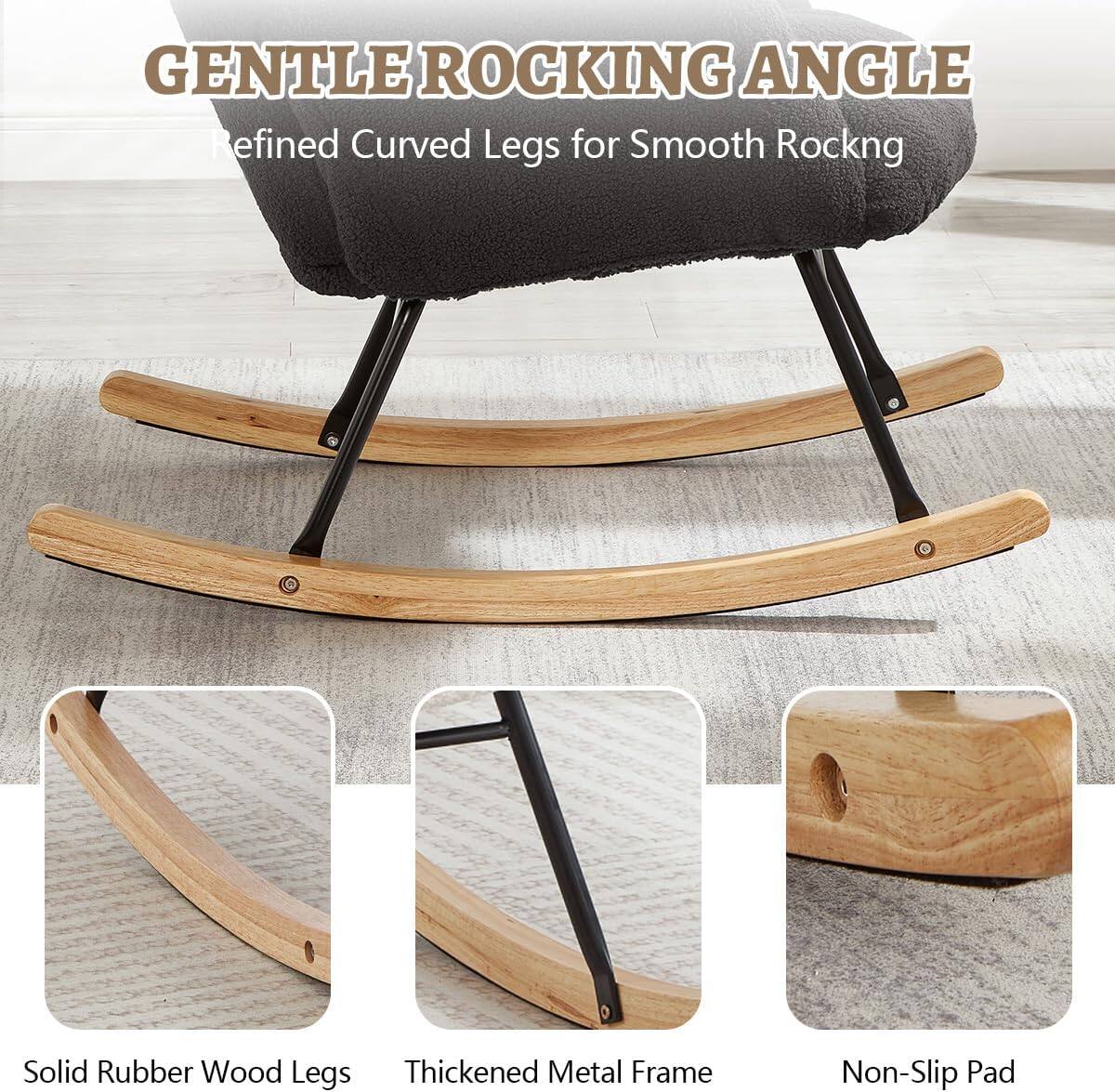 GENTLE ROCKING ANGLE  
Refined Curved Legs for Smooth Rocking  

- Solid Rubber Wood Legs  
- Thickened Metal Frame  
- Non-Slip Pad