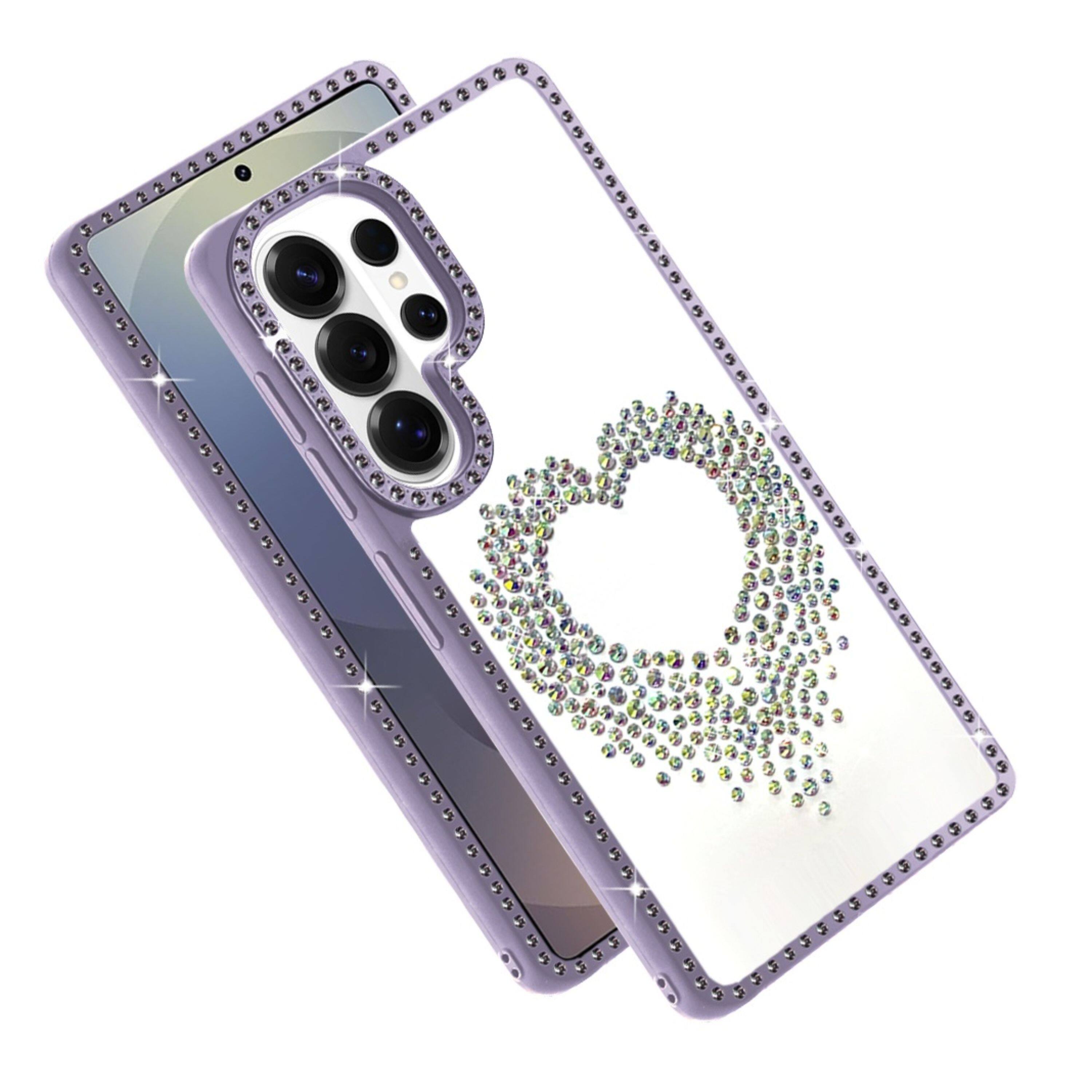 Angle. Kitcheniva - Heart Shaped Crystals Design Phone Case With Tempered Glass For Samsung S26 Ultra Purple - Purple.