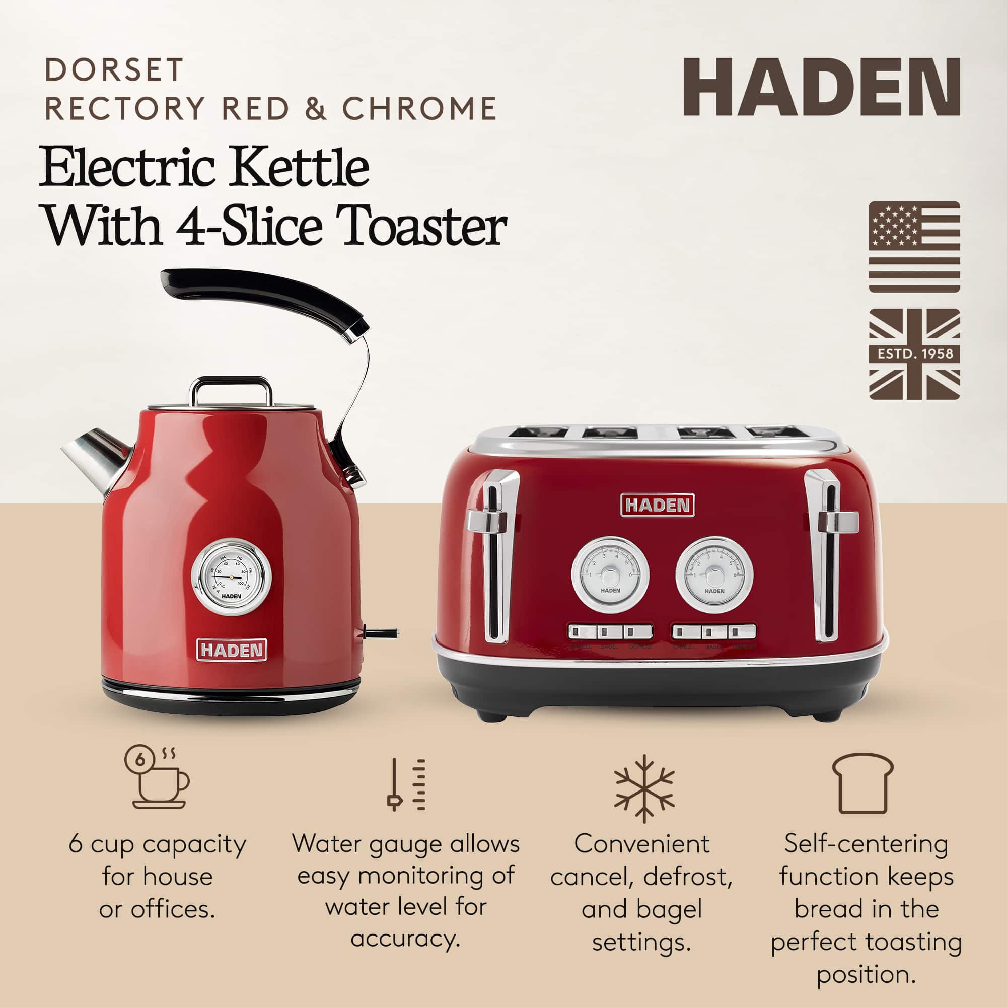 Haden Dorset 1.7 Liter Cordless Electric Kettle and 4 Slice Bread