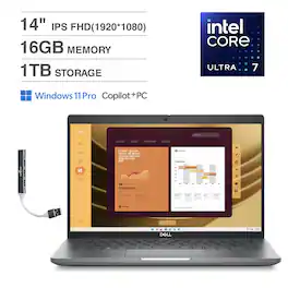 Dell - Latitude Laptop 14.0 FHD (Intel Ultra 7 165U , 16GB DDR5, 1TB M.2 PCIe SSD, Win 11 Pro) w/USB Hub - Silver