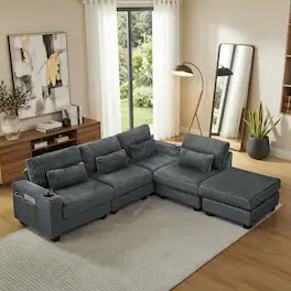 Whisen - 4-Seater L-Shaped Modular Corduroy Sectional Sofa with Ottoman for Living Room - Dark Gray