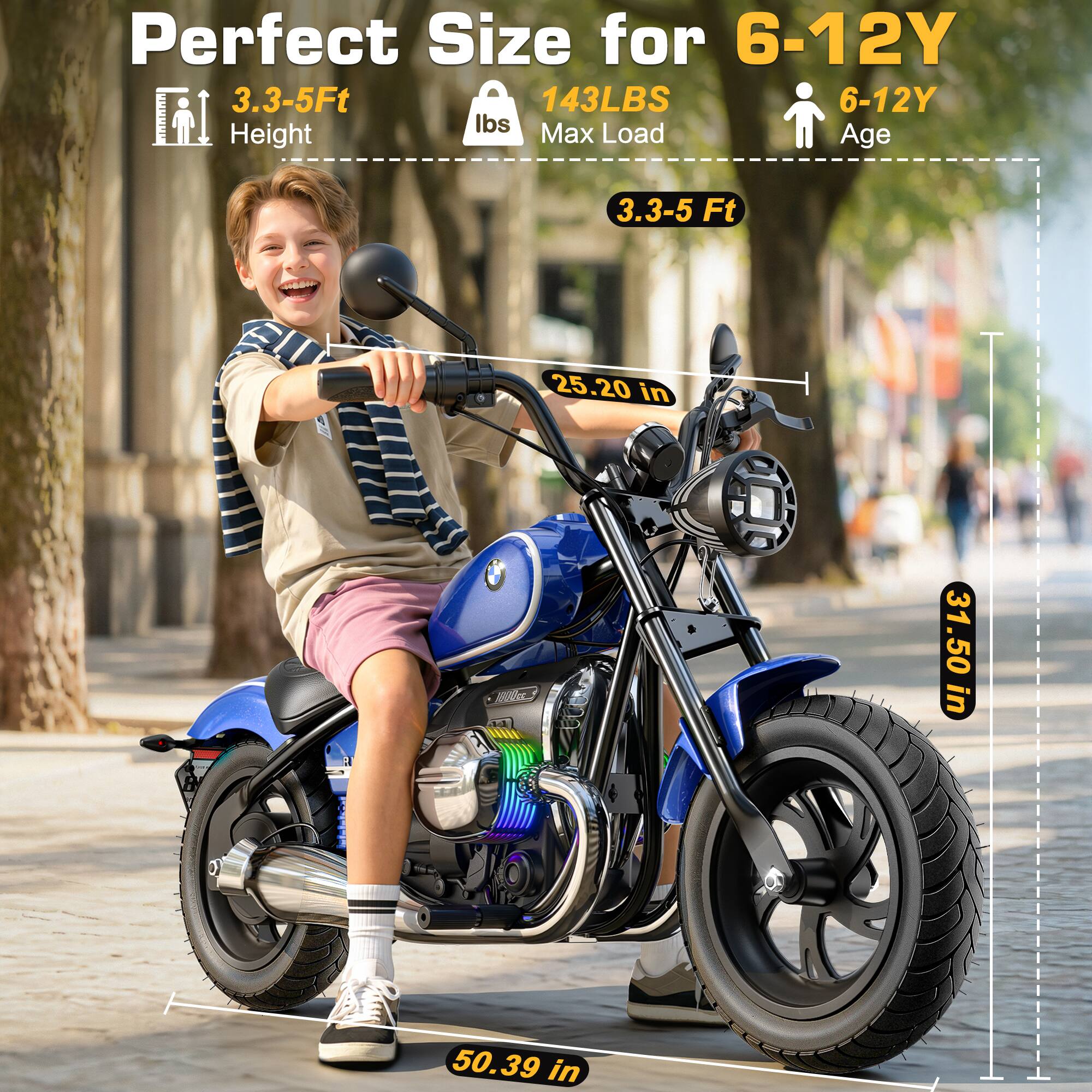 Perfect Size for 6-12Y  
3.3-5Ft  
143LBS  
6-12Y  
Max Load  
Height  
Age  
3.3-5 Ft  
25.20 in  
31.50 in  
50.39 in