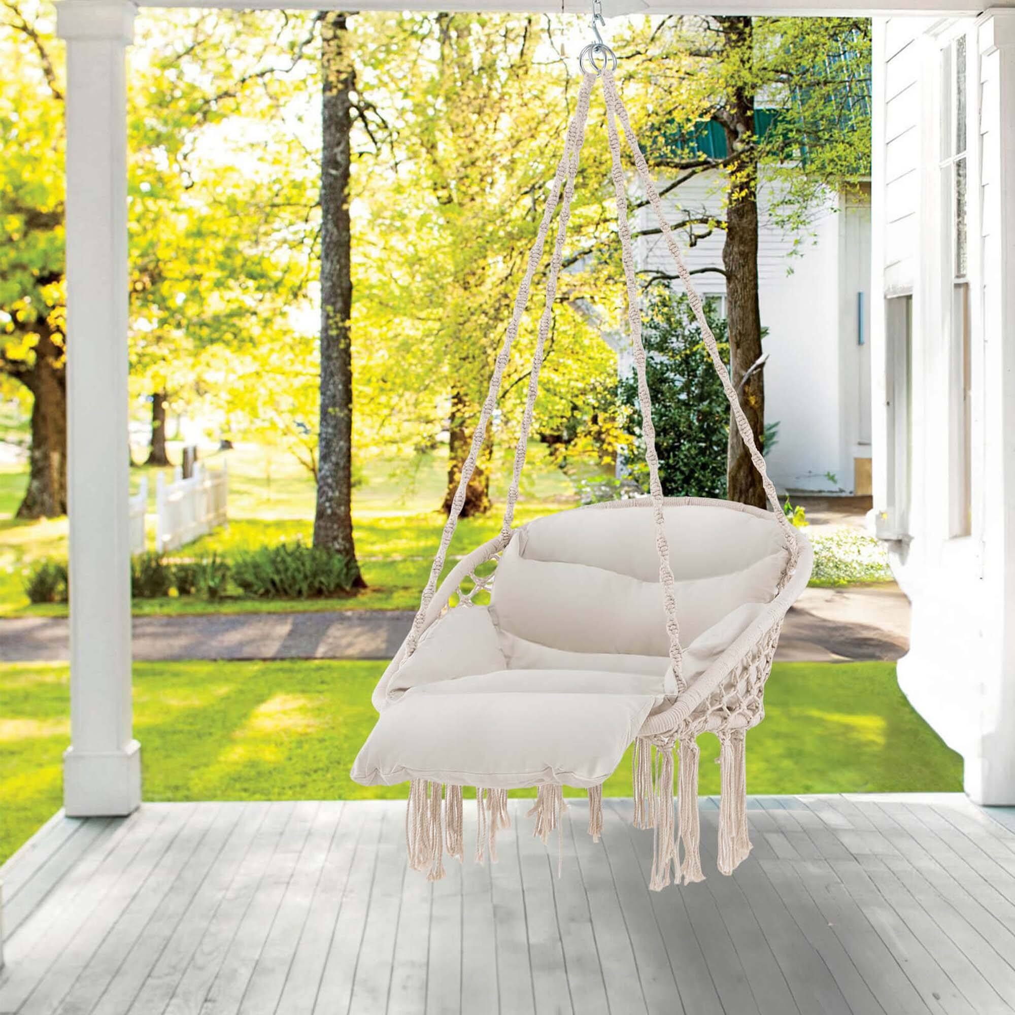 Alt View 3. Costway - Costway Macrame Hammock Chair with Oversized Padded Cushion Hand-woven Knots and Tassels - Beige.