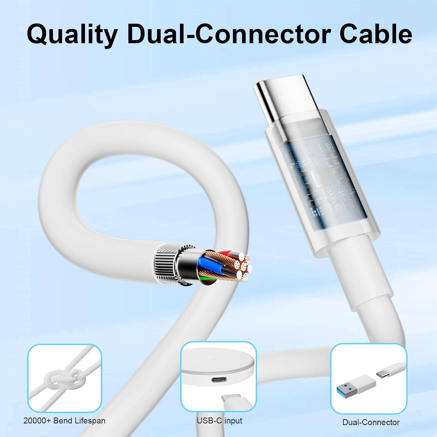 Quality Dual-Connector Cable

- 20000+ Bend Lifespan
- USB-C input
- Dual-Connector