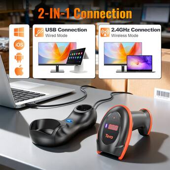 Tera Barcodescanner D5100 – 1D/2D/QR, 2.4GHz Draadloos + USB 2.0, 2000 MAh, 100 M Bereik, Ergonomisch
