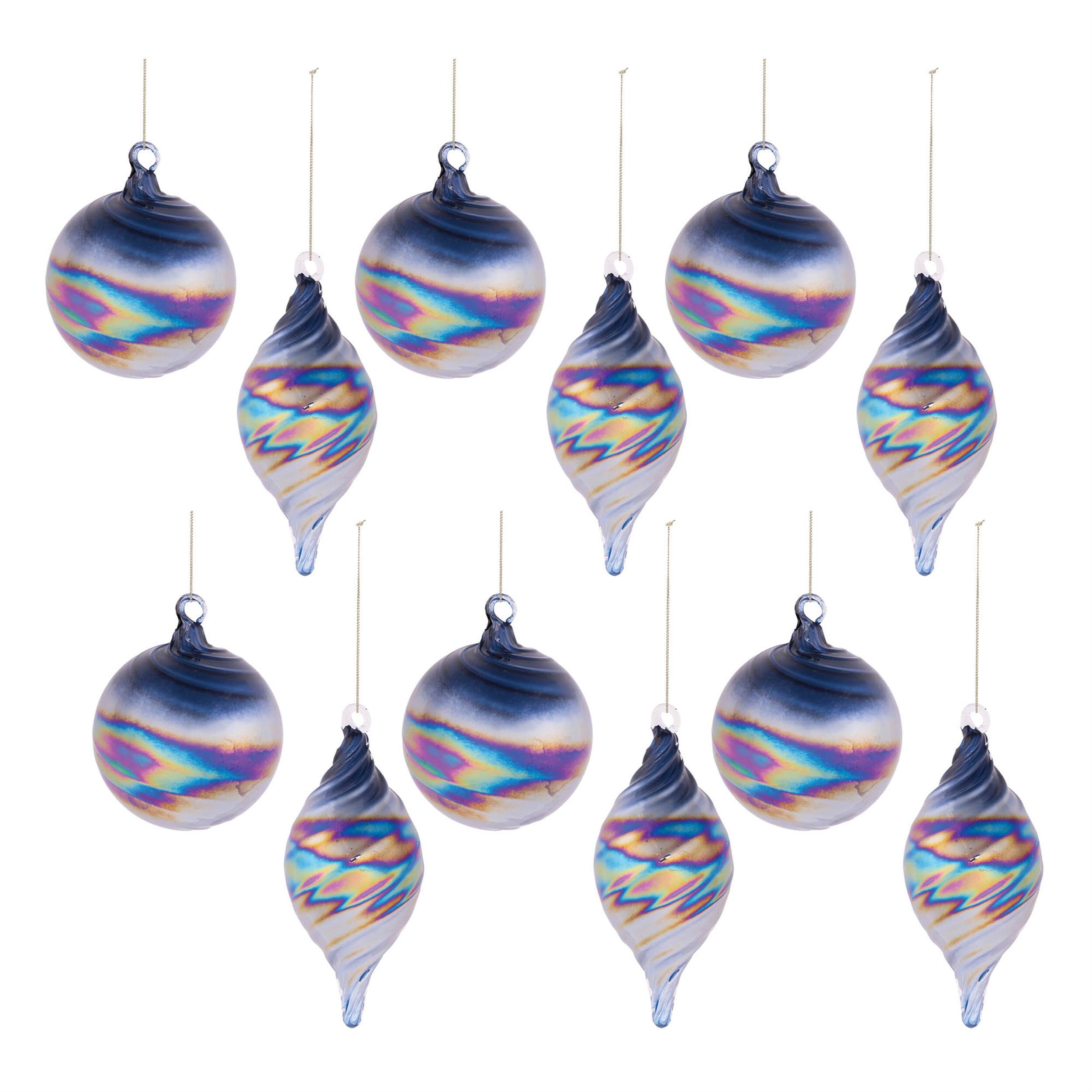 Alt View 2. BreeBe - Iridescent Swirled Glass Ornament (Set of 12) - Blue, Purple.