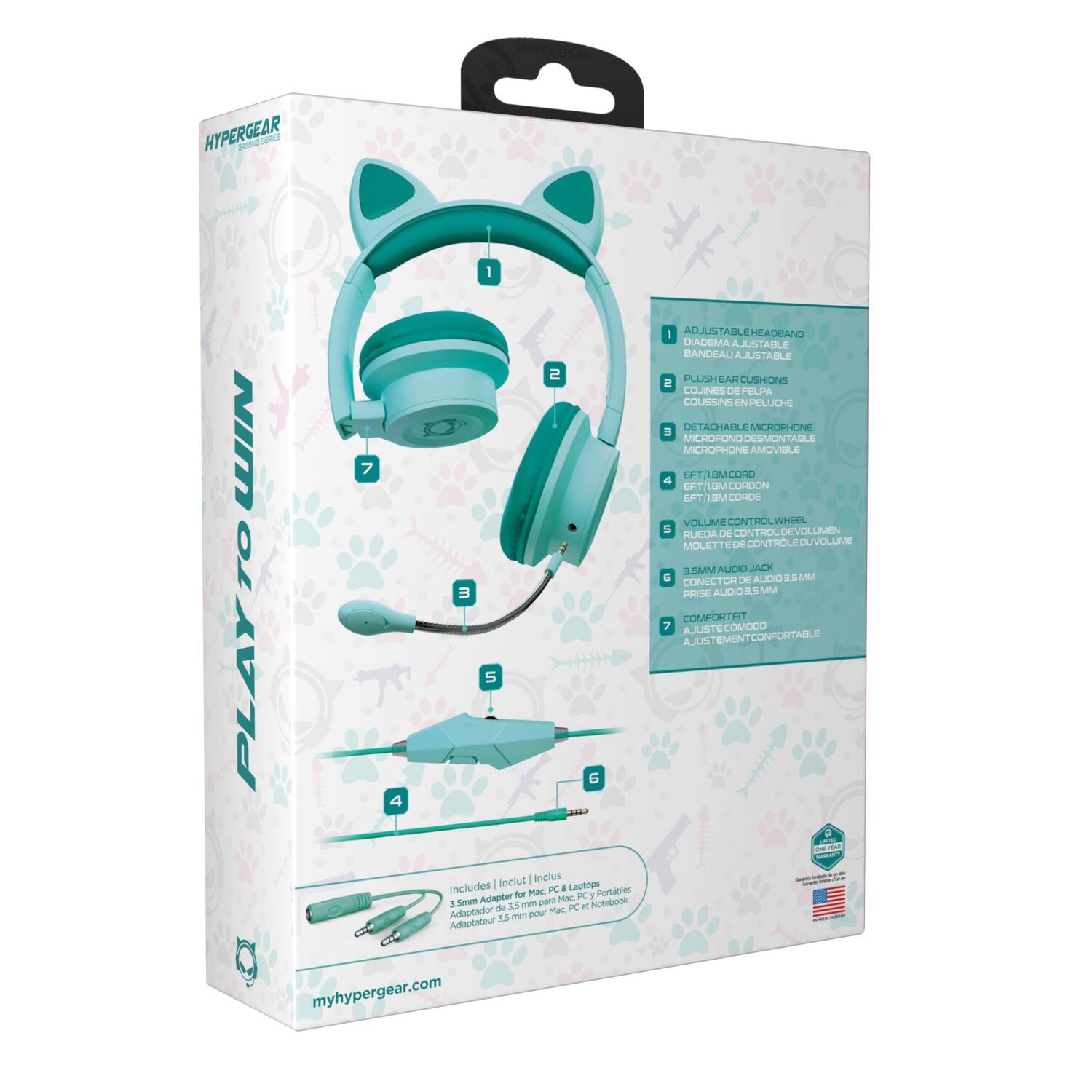 HYPERGEAR - Play to Win

Includes | Inclut
- 3.5mm Adapter for Mac PC, Mac PC & Laptop, Mac PC et Notebook
- 1.5mm Adapter for Mac PC, Mac PC et Notebook

1. ADJUSTABLE HEADBAND
2. PELUCHE COUSSINS
3. DETACHABLE MICROPHONE
4. GFT/1.5MM CORDON
5. VOLUME CONTROL WHEEL
6. 3.5MM AUDIO JACK
7. COMFORTABLE AJUSTEMENT

myhypergear.com
