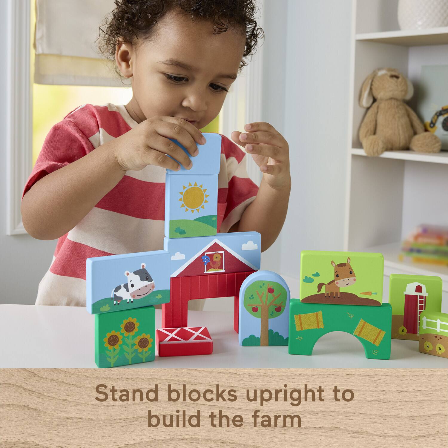 Stand blocks upright to build the farm