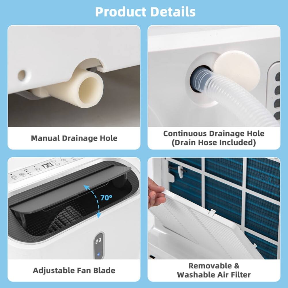 Product Details

- Manual Drainage Hole
- Continuous Drainage Hole (Drain Hose Included)
- Adjustable Fan Blade
- Removable & Washable Air Filter