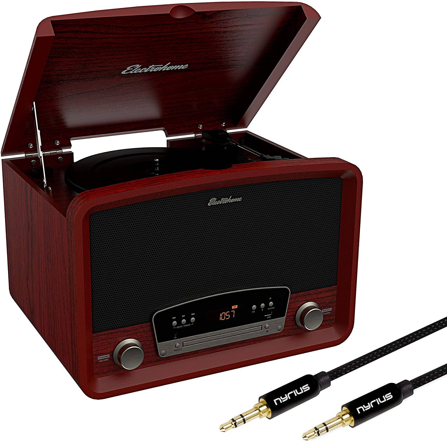 Electrohome - Kingston Vintage Vinyl Record Player Stereo System with Bonus 3.5mm Aux Cable - Cherry