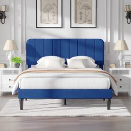 Vecelo - Queen Bed Frame w/ Padded Headboard & Platform, Reinforced Wood Slats - No Box Spring, Velvet Dark Blue - Easy Assembly - Dark Blue