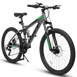 Aukfa - 24 Inch Mountain Bike with Full Suspension - Shifter Lever with Gear Indicator,Unisex Adult Bike for Men & Women - Gray