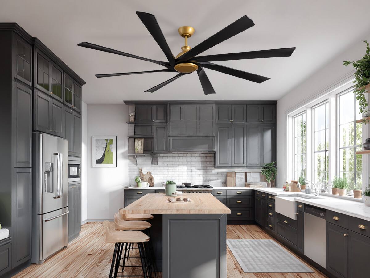 Back. Siljoy - 8-Blade Real Wood Ceiling Fan (Gold & Black) - No Light (for Bedroom, Living Room, Kitchen) - Gold and Black.