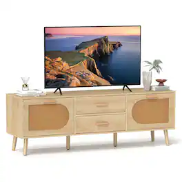 Costway - Rattan TV Stand for 65-Inch TV 59" TV Console Cabinet Boho Entertainment Center - Beige