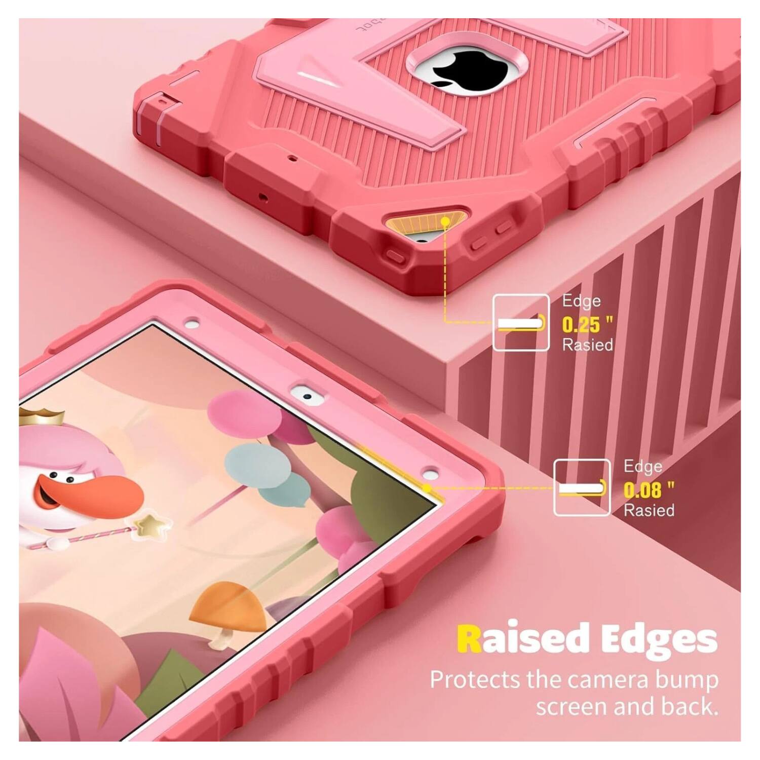 Edge 0.25" Raised  
Edge 0.08" Raised  

Raised Edges  
Protects the camera bump screen and back.