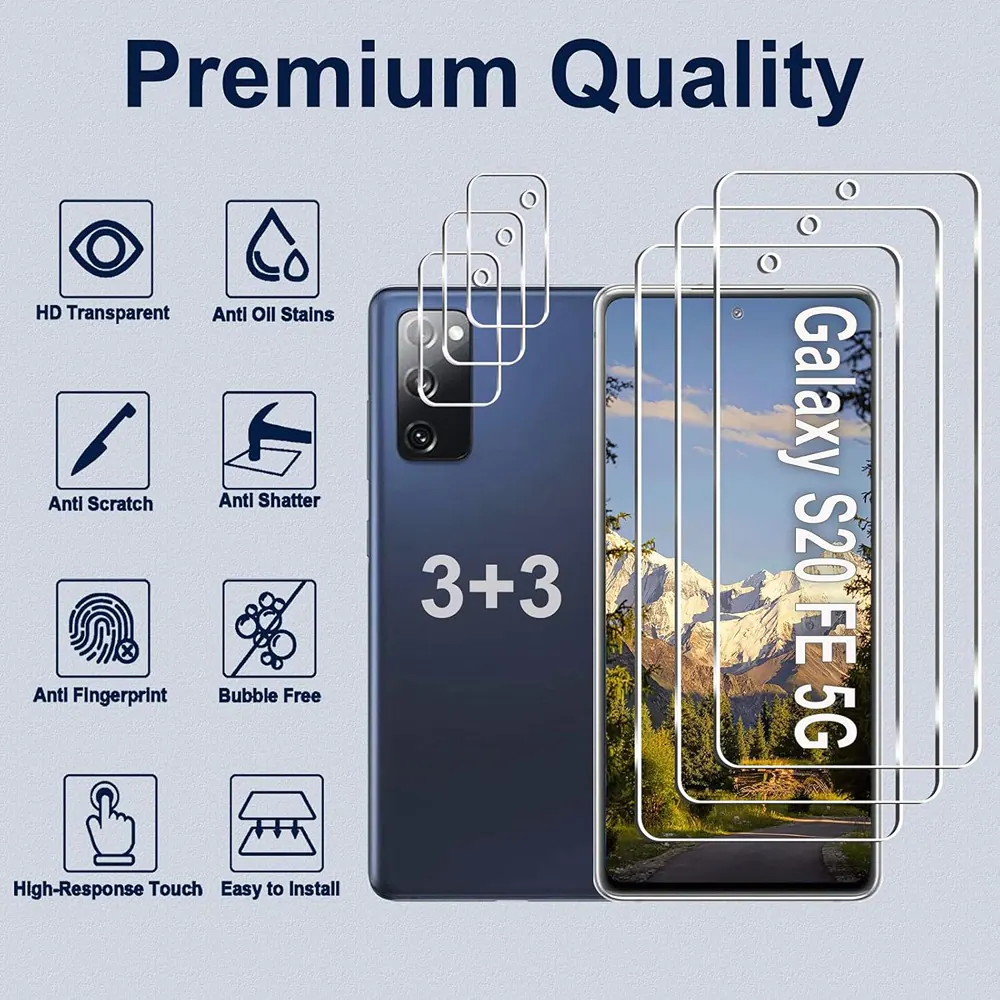Premium Quality

- HD Transparent
- Anti Oil Stains
- Anti Scratch
- Anti Shatter
- Anti Fingerprint
- Bubble Free
- High-Response Touch
- Easy to Install

3+3

Galaxy S20 FE 5G